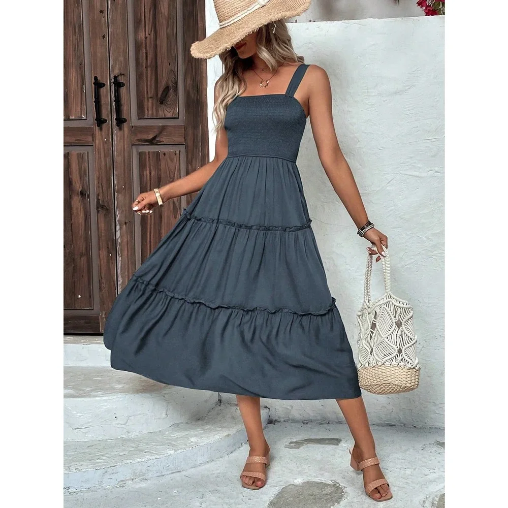 boho shirred bust Frill Trim tiered Cami midi Dress square blush pink - Picture 7 of 9